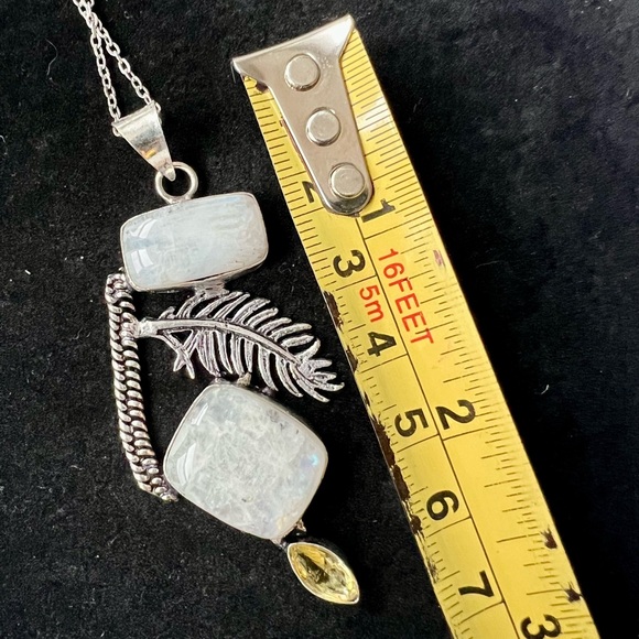 925 Double Rainbow Flash Moonstone Feather Pendant Necklace - Picture 3 of 7